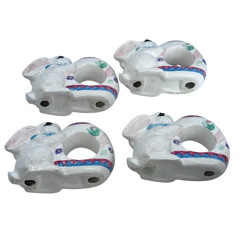 Vintage Ceramic Napkin Rings Bunny Rabbit‎ Figurine Set Of 4 White